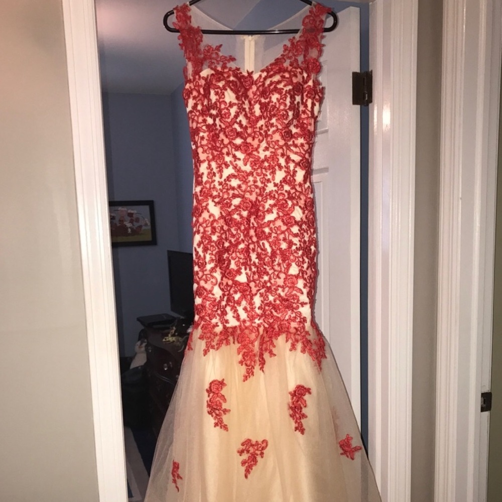 NWOT Hand stitched red lace overlay gown